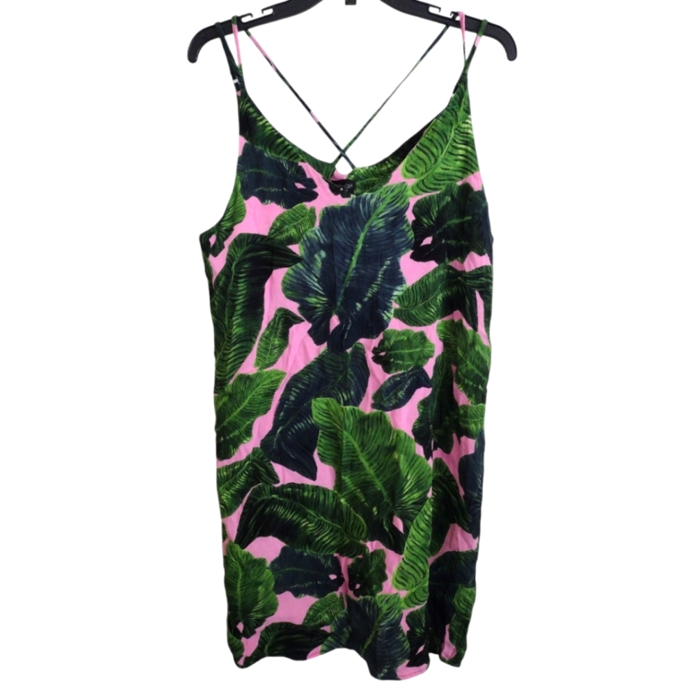 TopShop Green Pink Cross Back Tropical Leaf Print Dress Size 8